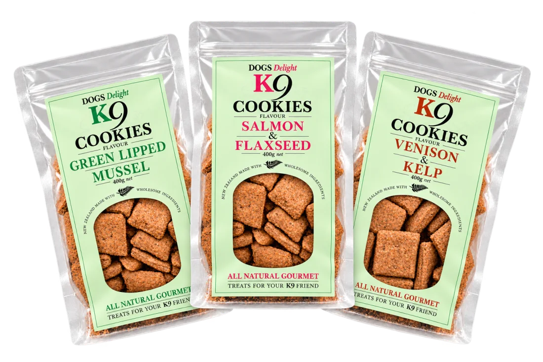 Bags of Green Lipped Mussel, Salmon and Flaxseed, and Venison and Kelp K9 Cookies