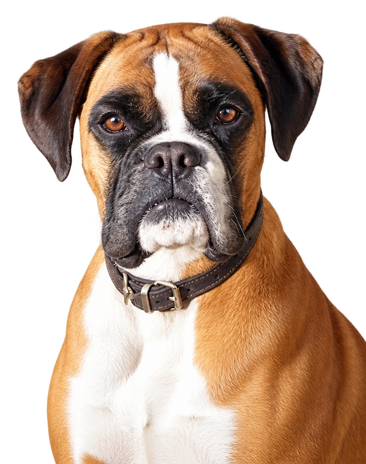 A Boxer dog sitting and looking at the camera